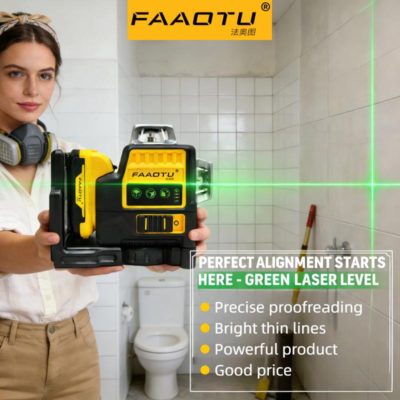 FAAOTU 089LG 12 Lines 3 Sides 360 Degree Vertical 12V Lithium Battery Laser Level Horizontal Green Meter Outdoor