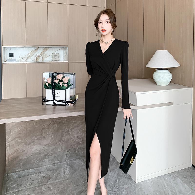 Spring Slim Fit French Slit Dress - Elegant Designer Light Luxury Style