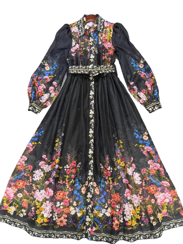 Elegant Early Spring Resort Lapel Long Sleeve Wide Hem Printed Dress
