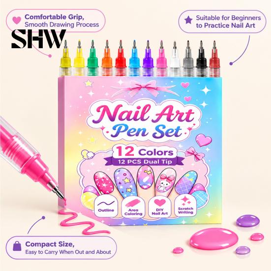 Dual Tip Nail Art Tools 12Pcs Markers for Girls, 12 Colors Markers, Broad & Fine Creative Beauty Crafts Kids Polish Pens, Quick Dry DIY Manicure