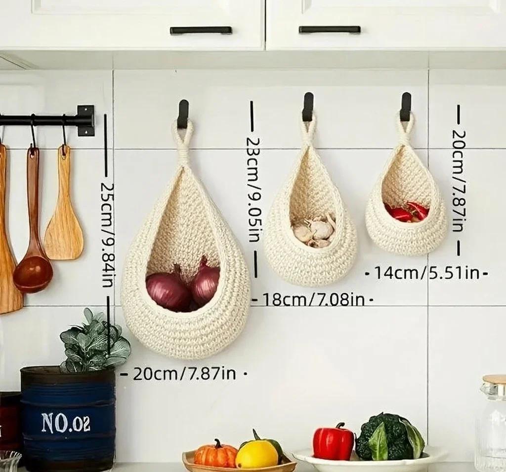 3pcs Boho Macrame Wall Hanging Baskets - Linen Storage Organizer for Kitchen Restaurant Fruit Vegetable Onion Rack Home Decor