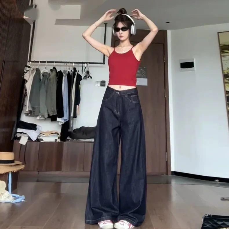 

Женские джинсы с высокой посадкой, темно-синие, в стиле ретро, широкие от бедра - Летний стиль, длиной до пола, свободная драпировка, подходят для высоких (175-180) женщины XL темно-синий