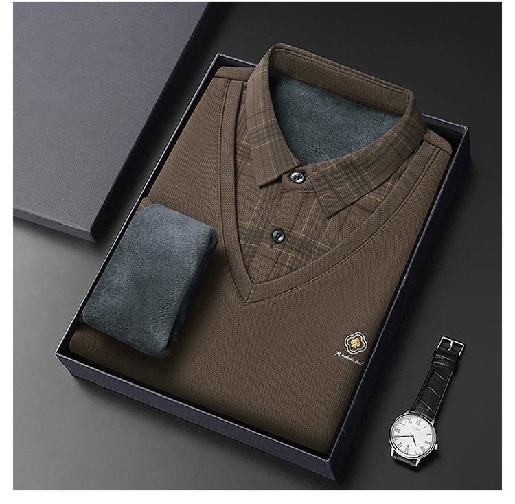 Men's Autumn/Winter Faux Two-Piece Fleece Polo Base Layer Shirt