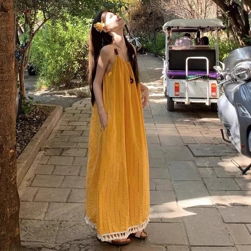 French Yellow Fringed Suspender Dress Women's Summer High Sense Seaside Vacation Temperament Long Skirt Super Beautiful