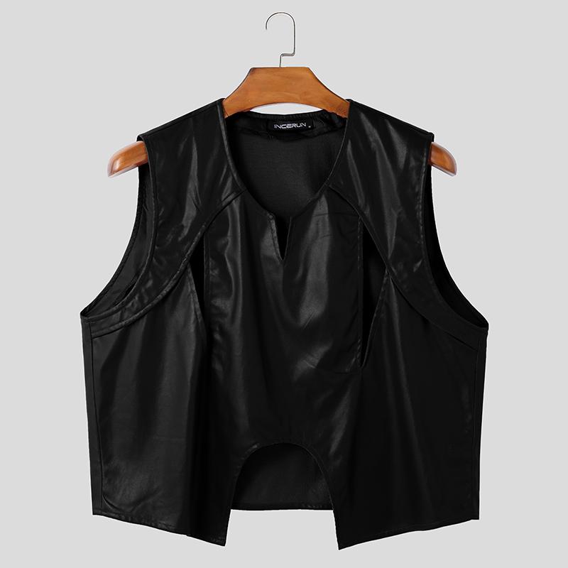 INCERUN Męskie bezrękawniki z wycięciami, ażurowe, codzienne, luźne, z PU skóry