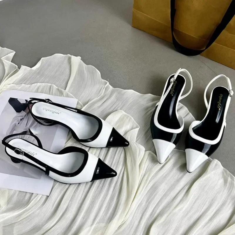 Designer Schwarz Weiß Farbe Niedrige Absatz Sandalen Damen Sexy Spitze Zehen Riemchen Keilabsatz Hohe Absätze Damen Elegante Absätze