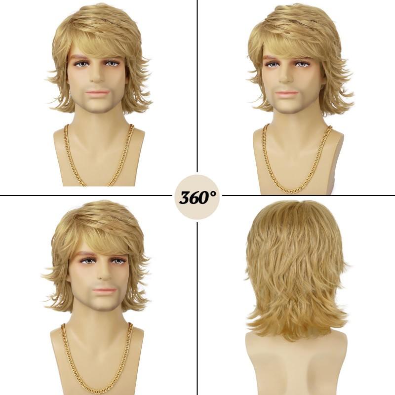 Mens Short Wig Golden Curly Hair Side Bangs Synthetic Daily Wear