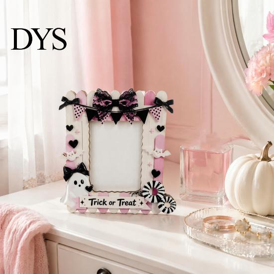 Halloween Photo Frame Wooden Frame, Cute Ghost Butterfly Cat Tabletop Decor Display Slot with Stand, Sweet Kawaii Pumpkin Picture Holder for
