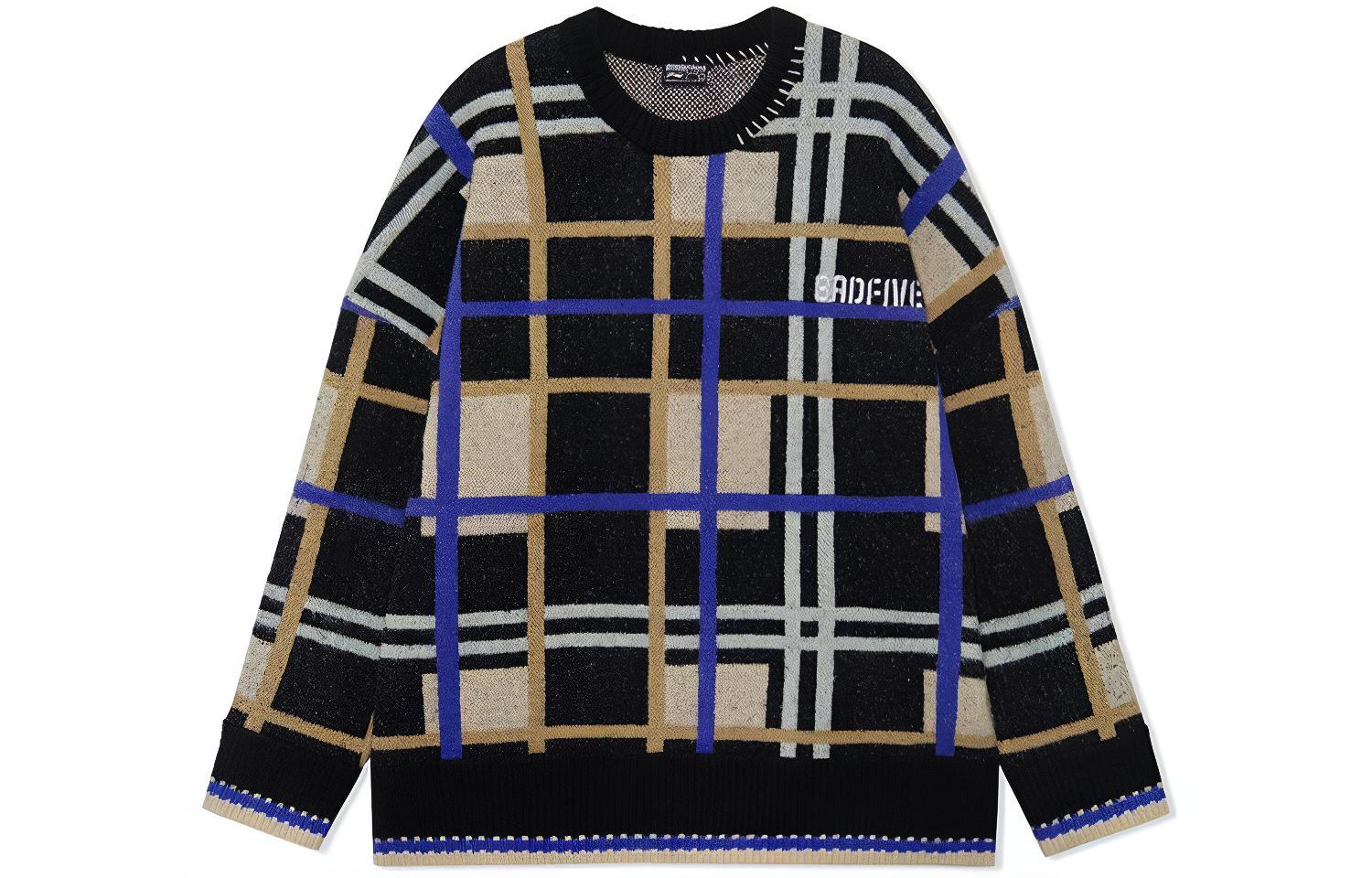 Li Ning Sweaters Men s Black Plaid Denim Crew Neck Moderate Base Layer AMBR033-3 L