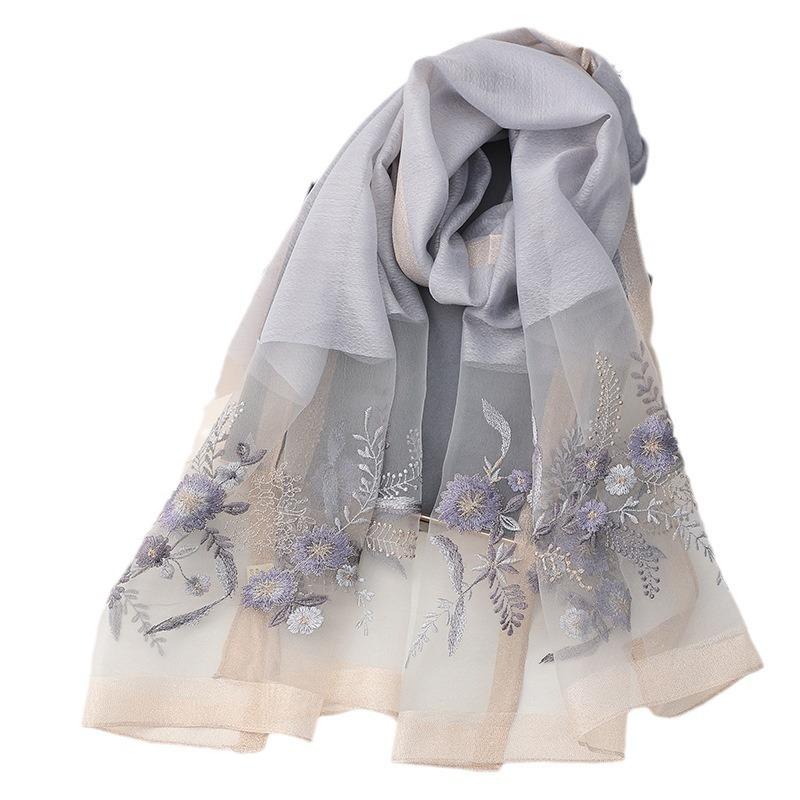 Seidenwollschal Damen Hijab Pashmina Schals Wickeltuch Luxuriöses Bandana Decke Blumenmuster Pashmina Stickerei Schals Foulard Modemarke