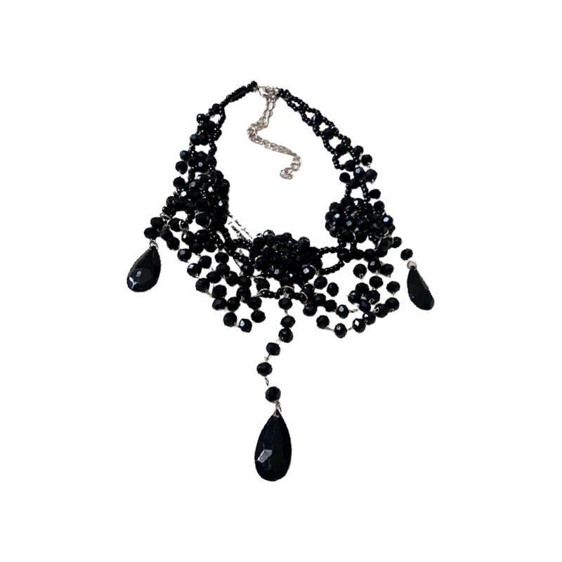 Dark Style Multi-Layer Teardrop Seed Bead & Crystal Flower Necklace - Punk & Elegant Women’s Clavicle Accessory