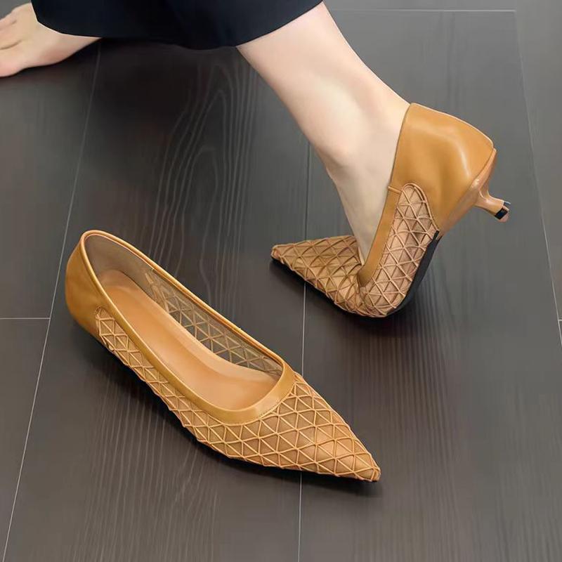 Mesh Women Heeled Shoes Pointed Toe Low Heels Shoes Dress Shallow Woman Sandals 2025 Summer New Luxury Chaussure Femme