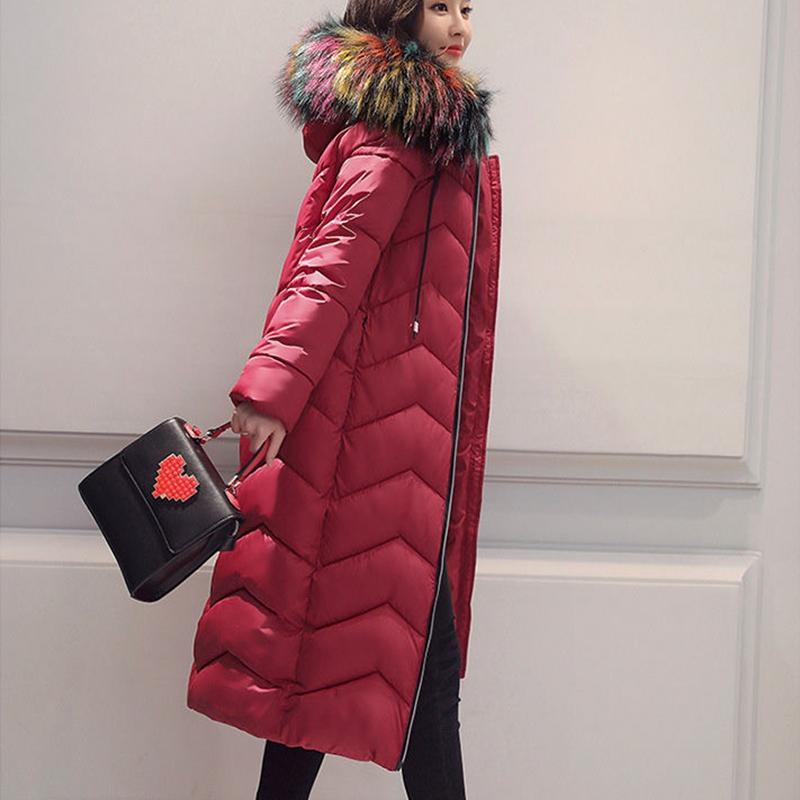 Woman Winter Down Cotton Parka Jacket Coat Outwear Long Hooded Fur Collar Zipper Pocket Loose Diamond Pattern Warm Solid Color