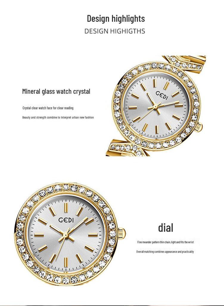Gedi Women's Luxury Silver Quartz Watch - Waterproof, Versatile, and Elegant for Banquets and Daily Wear.