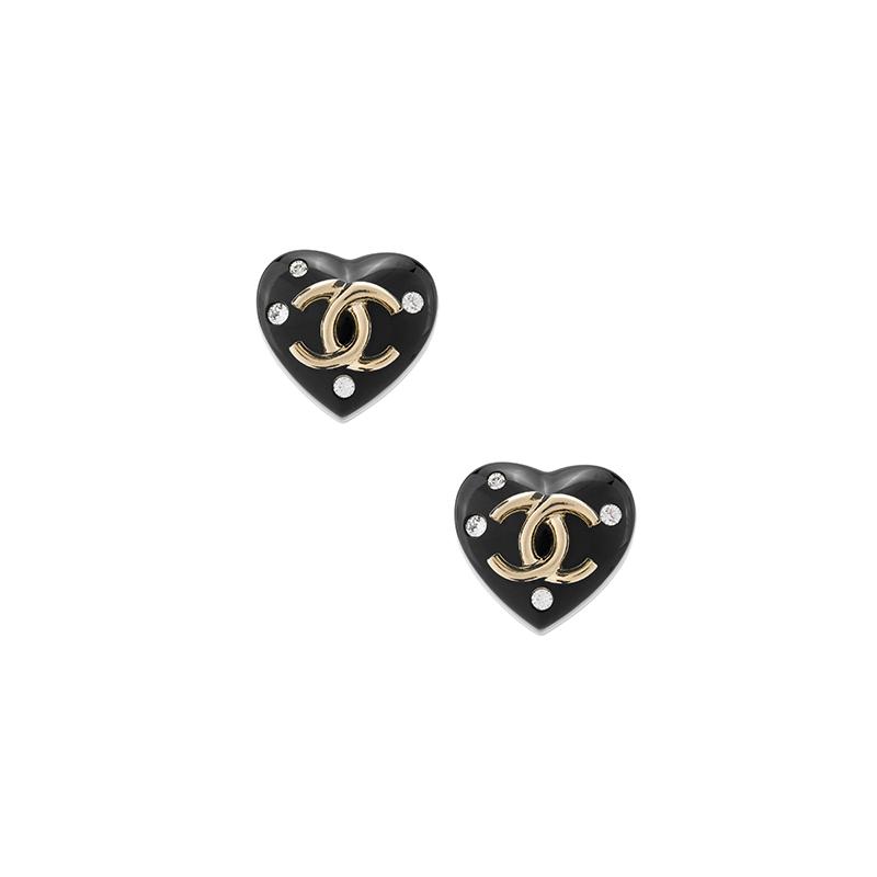 

CHANEL [22 Autumn and Winter New Products] Resin Rhinestone Love Earrings Women s Black чорний