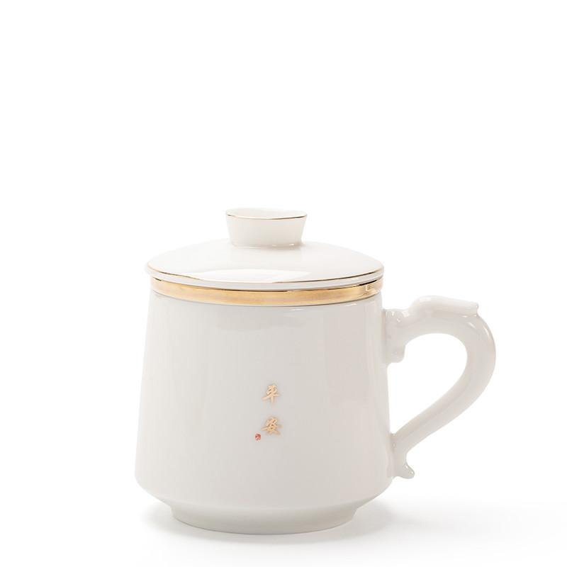 Chinese Suede Jade White Porcelain Tea Cup Mug with Lid and Strainer Ceramic Teacup Tea Water Separation Cup Travel Teaware