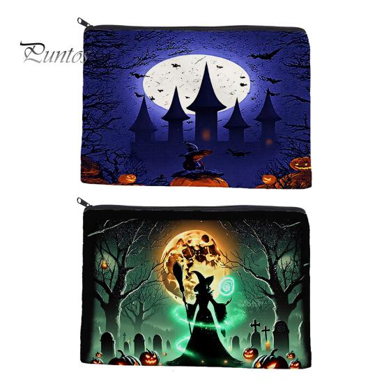 Witch Themed Travel Pouch Storage Bag, with Halloween Castle Print, Large Bag Capacity Canvas Cosmetic Organizer, for And Stationery