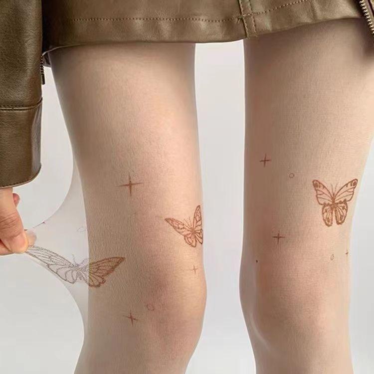 

Y2K Fashion Butterfly Printed Black Tights Sexy Womens Control Top Nude Pantyhose Girls Lolita Summer Transparent Silk Stockings One Size
