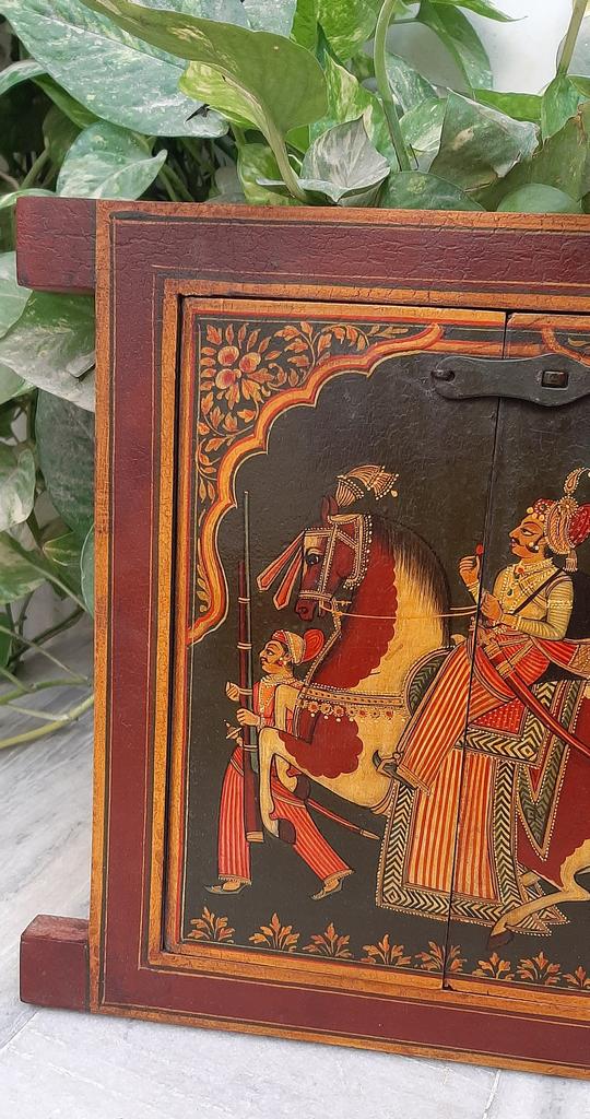 Hand Painted Indian King Jharokha: Vintage Wooden Wall Hanging