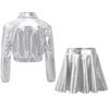 Mädchen Metallic Hip Hop Jazz Tanz Umlegekragen Langarm Reißverschluss Jacke Elastischer Bund Ausgestellter A-Linien Rock