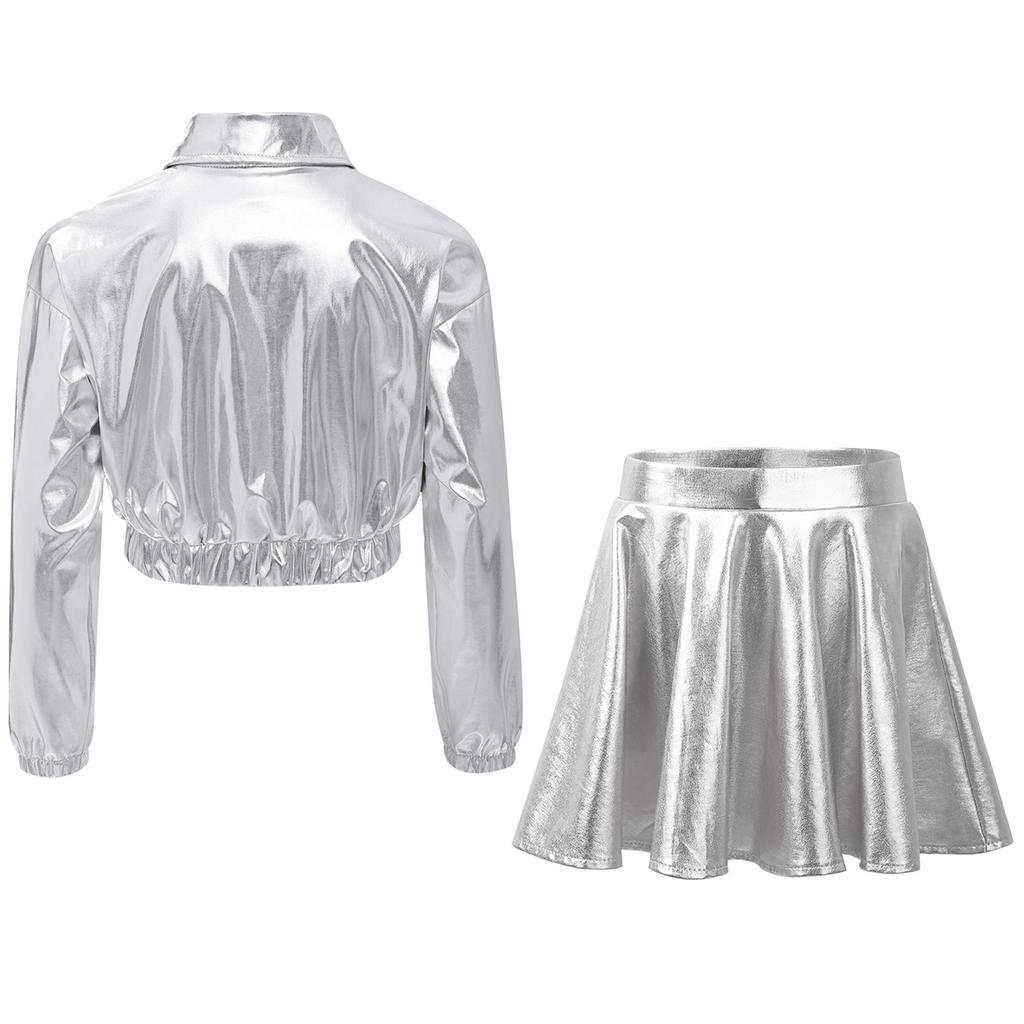 Mädchen Metallic Hip Hop Jazz Tanz Umlegekragen Langarm Reißverschluss Jacke Elastischer Bund Ausgestellter A-Linien Rock