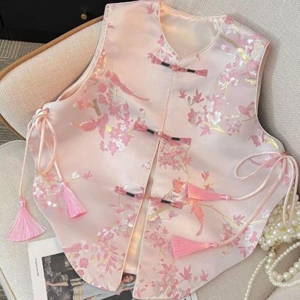 2025 vest buckle jacquard embroidery tassel new pink round neck versatile vest women