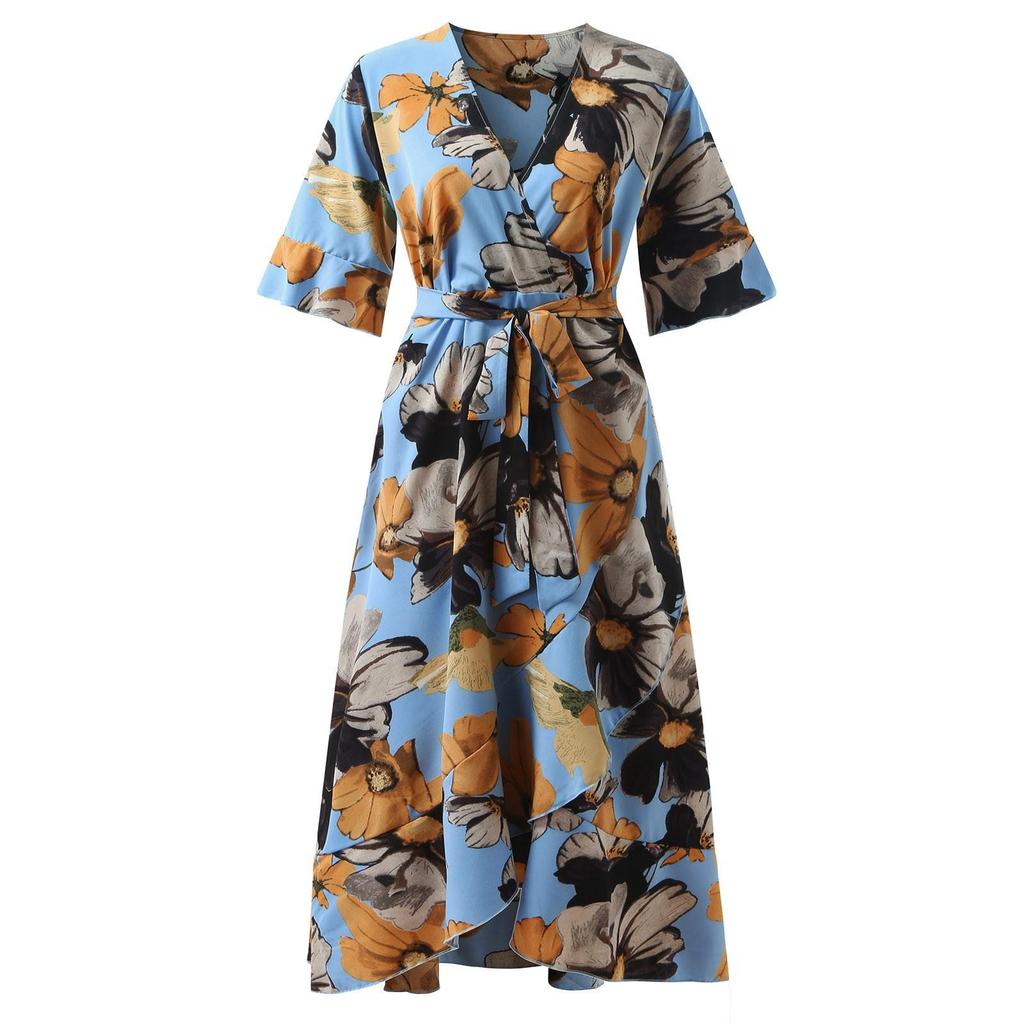 Summer Women's Dress V-neck Short Sleeve Large Size Casual Bohemian Print Irregular Dress Fishtail Skirt