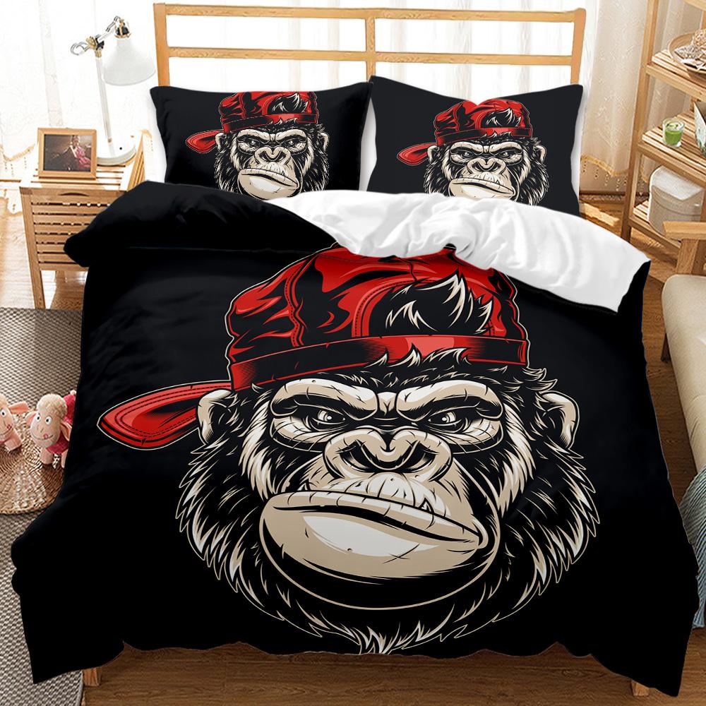 Affe Bettbezug Gorilla Kopf Bettwäsche Set Jungen Jugendliche Roter Hut Bettdeckenbezug Wildtier Polyester Steppdeckenbezug Queen Full Size