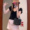 Women's Age-Reducing Pink A-Line Skirt & Black French-Style Top Summer Set - Slimming Sweet & Spicy Look