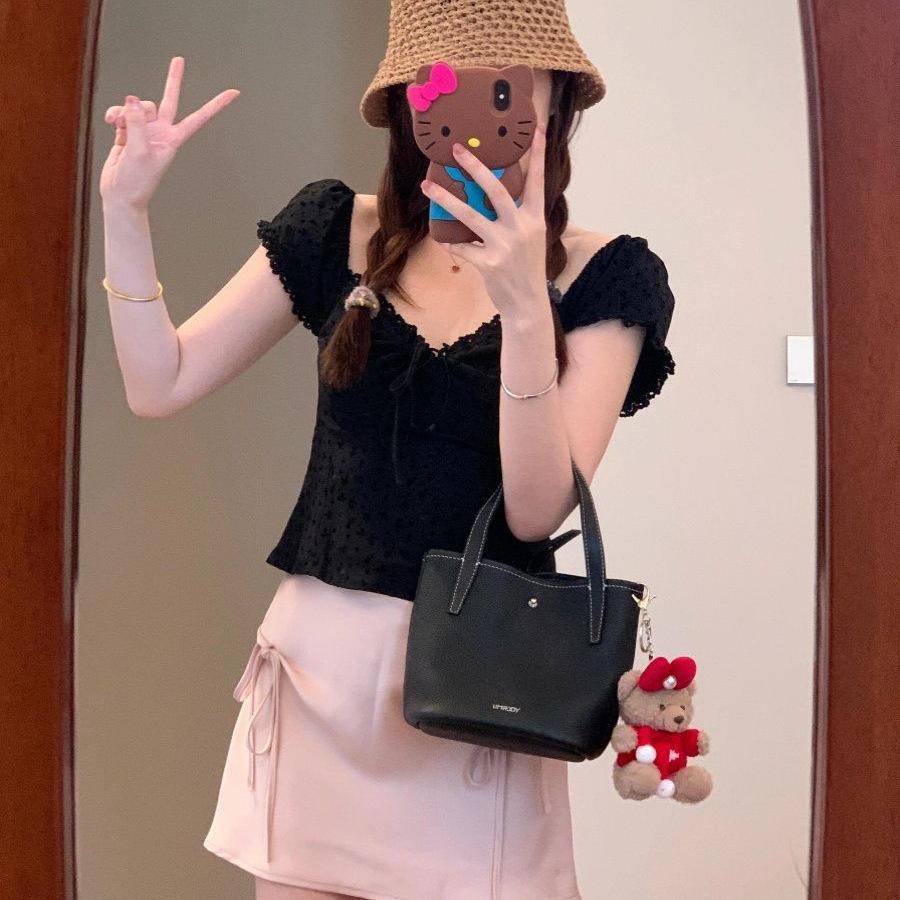 Women's Age-Reducing Pink A-Line Skirt & Black French-Style Top Summer Set - Slimming Sweet & Spicy Look