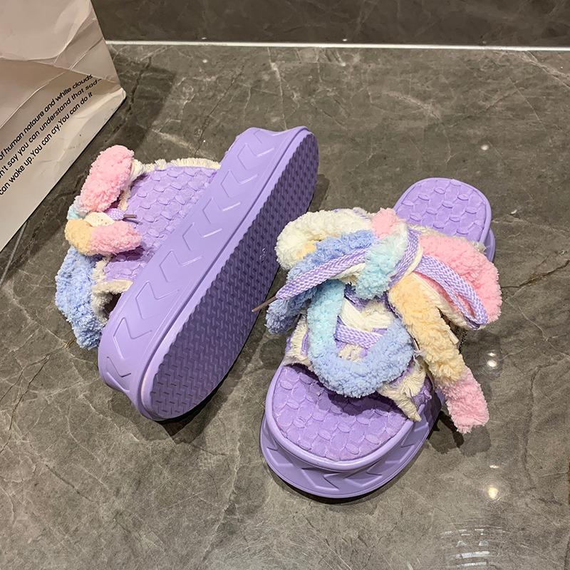 Fashion Kawaii 5.5CM Summer Women Weave Slippers Platform Shoes Mules Flip Flops Candy Color Sandals Flat Casual Soft Cute Outdoor Shoes
