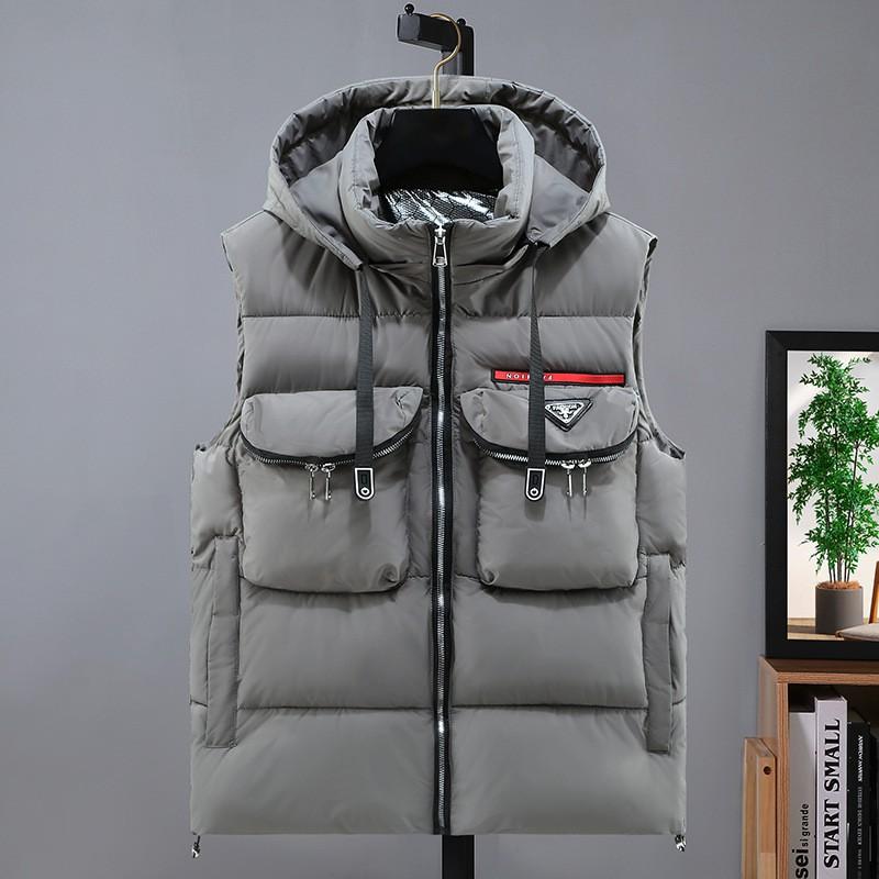 Mens Casual Hooded Vest Solid Color Multi-Pocket Slim Fit Winter Outerwear Young Adults