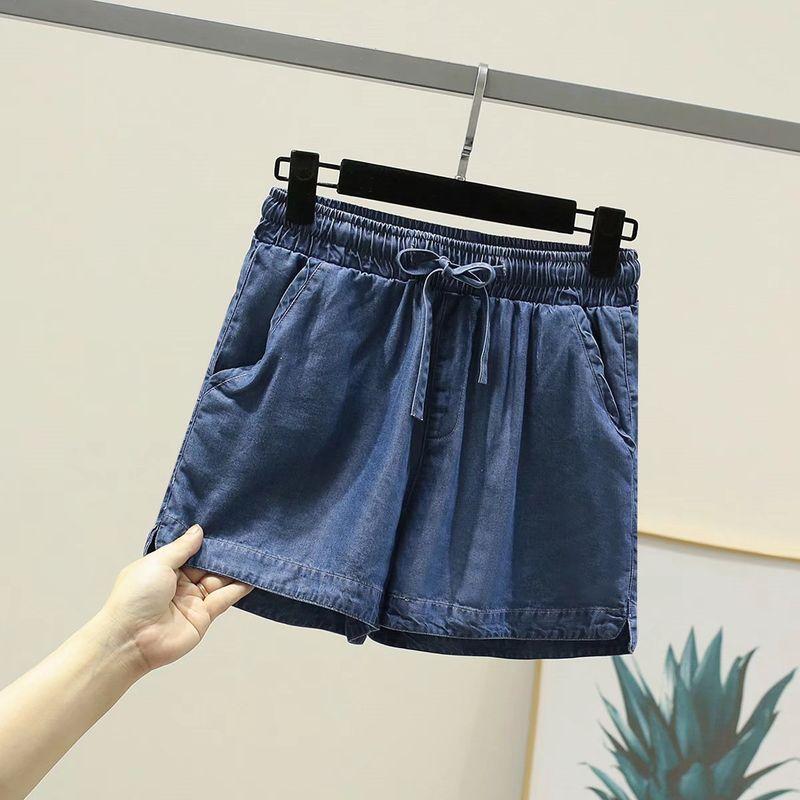 

Новые летние укороченные джинсы из тенселя, женские тонкие длинные брюки, визуально стройнящие, повседневные, с эластичной талией, в корейском стиле, брюки-шаровары женские Dark blue shorts L
