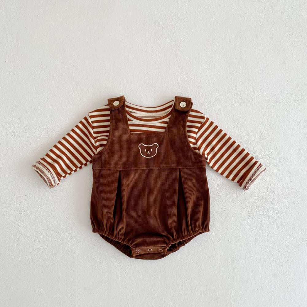 Baby koi Baby Clothes Overalls Tops Spring Autumn Clothes Bodysuit Girls Onesie Long Sleeve Shirt Top and Bottom Set Baby Birthday Gift Border Coffee