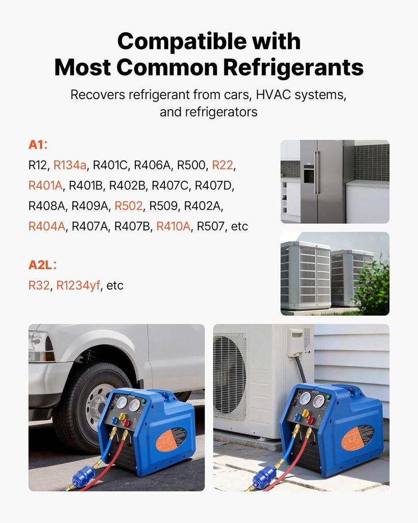 Portable Refrigerant Recovery Machine, 3/4 HP 220V 50Hz Single Cylinder AC Recovery Machine for Liquid Vapor Refrigerant, 1450 RPM Recycling Unit HVAC