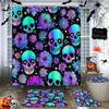 Halloween Skull Flower Shower Curtain Sets With Rugs Purple Neon Funny Horror Bathroom Set With Non-Slip Rug,Toilet Lid Cover,