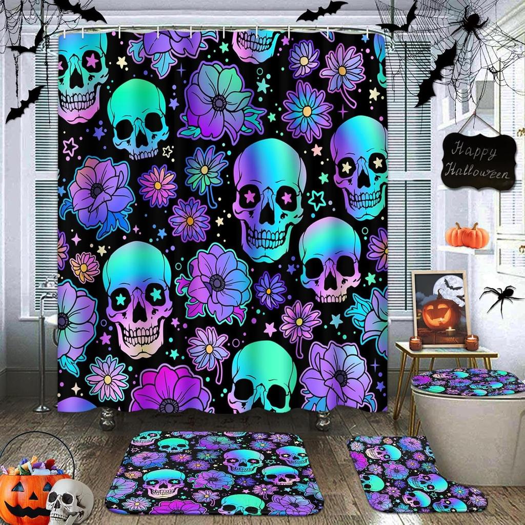 Halloween Skull Flower Shower Curtain Sets With Rugs Purple Neon Funny Horror Bathroom Set With Non-Slip Rug,Toilet Lid Cover,