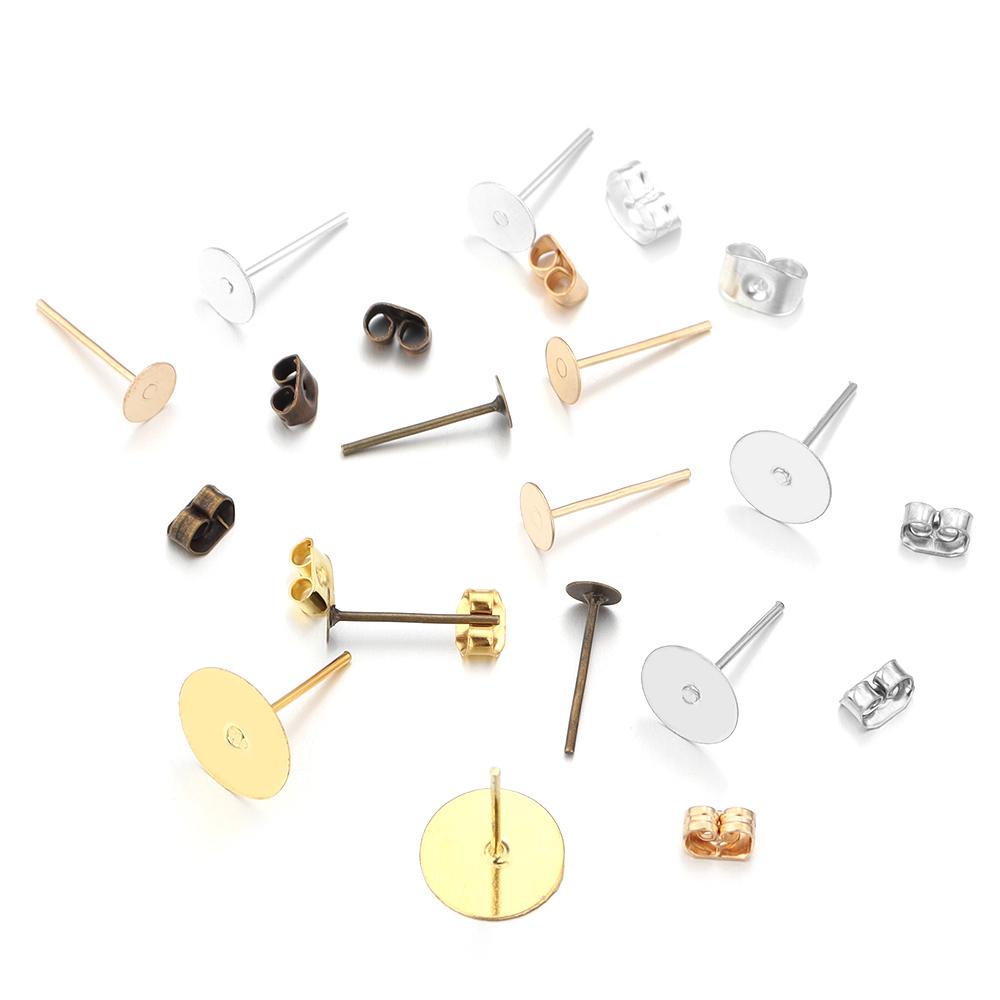 100-200pcs/lot Metal Blank Post Earring Studs Base Pins With Earring Plug Earring Base Tray For Jewelry Making DIY Earring