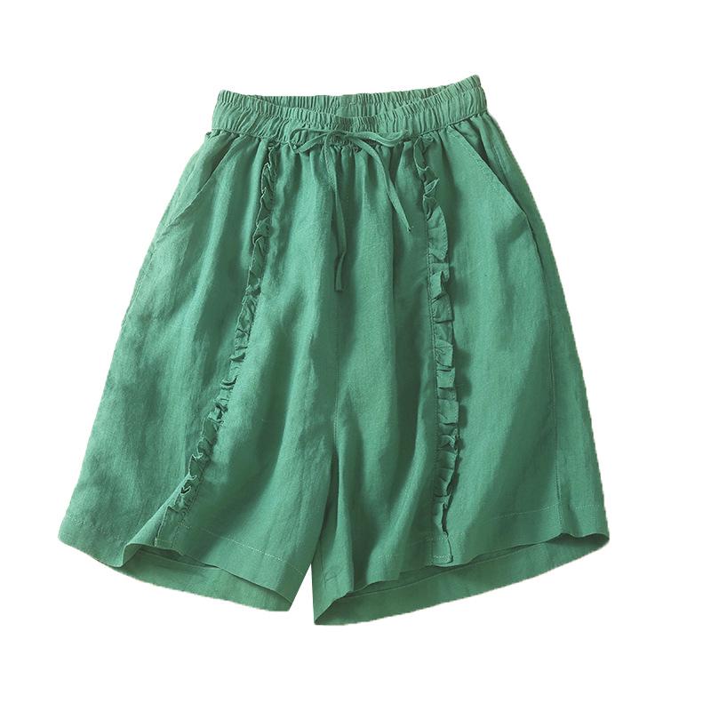 Women's Summer 2024 Retro Cotton Linen Ruffle Wide-Leg Shorts - Casual, Loose Mid-Length.