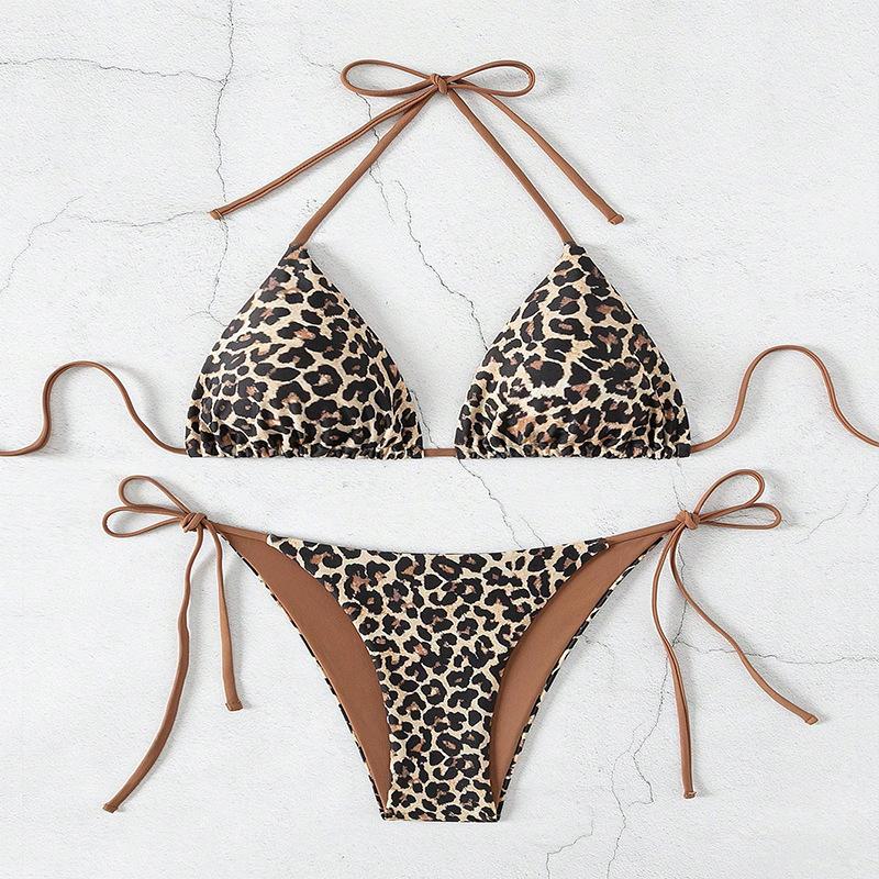 Women’s Leopard Print Bikini Swimsuit, Sexy Halter Backless Tankini Bathing Suit Two-Piece Tie Side Swimwear