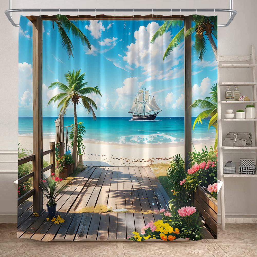 Beach Island Shower Curtain Tropical Palm Leaves Plants Flowers Parrots Blue Ocean Scenery Bathroom Curtains Fabric Home Decor