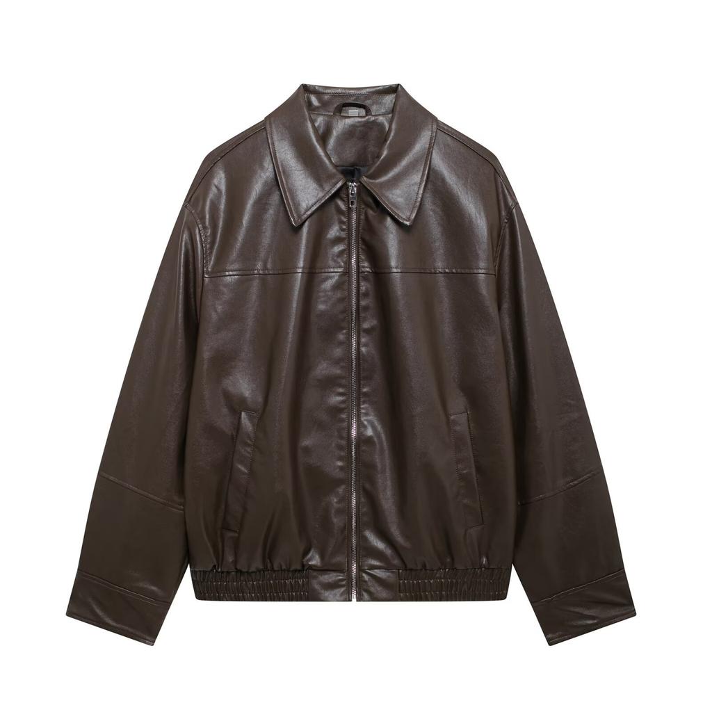 Autumn New Women's Clothing, European and American French Design Imitation Leather Bomber Jacket
