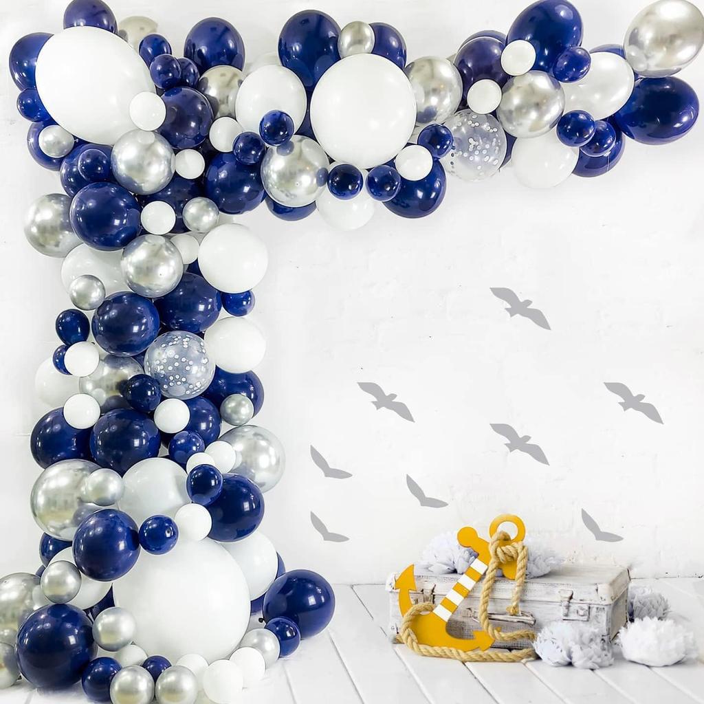 Navy Blue Silver Balloons Arch Kit 130 PCS Navy Blue Balloon Garland With White Silver Confetti Latex Balloons Different Sizes For Graduation Rugby