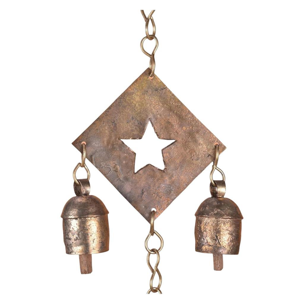 Rustic Bronze Metal Wind Chime With Star Cutouts And 7 Bells For Garden Decor Outdoor Porch Balcony Memorial Gift 19 X 4.5 Inch