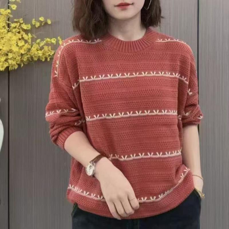 2025 Korean Style Loose Knit Sweater: Chic Striped Round Neck, Versatile Long Sleeve Top for Women