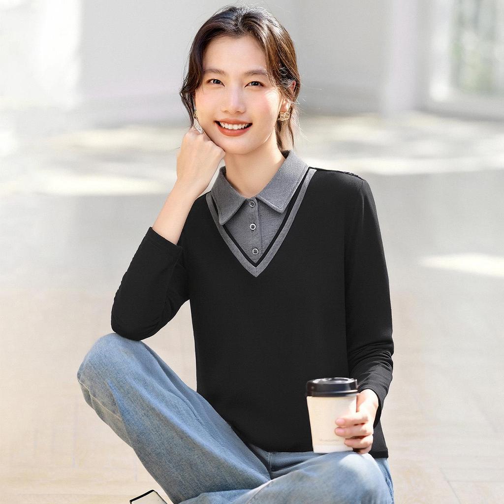 Women's Straight Shoulder Long-Sleeve T-Shirt, New 2026 Stylish Lapel Top for Spring & Autumn. Versatile Base Layer or Outerwear.