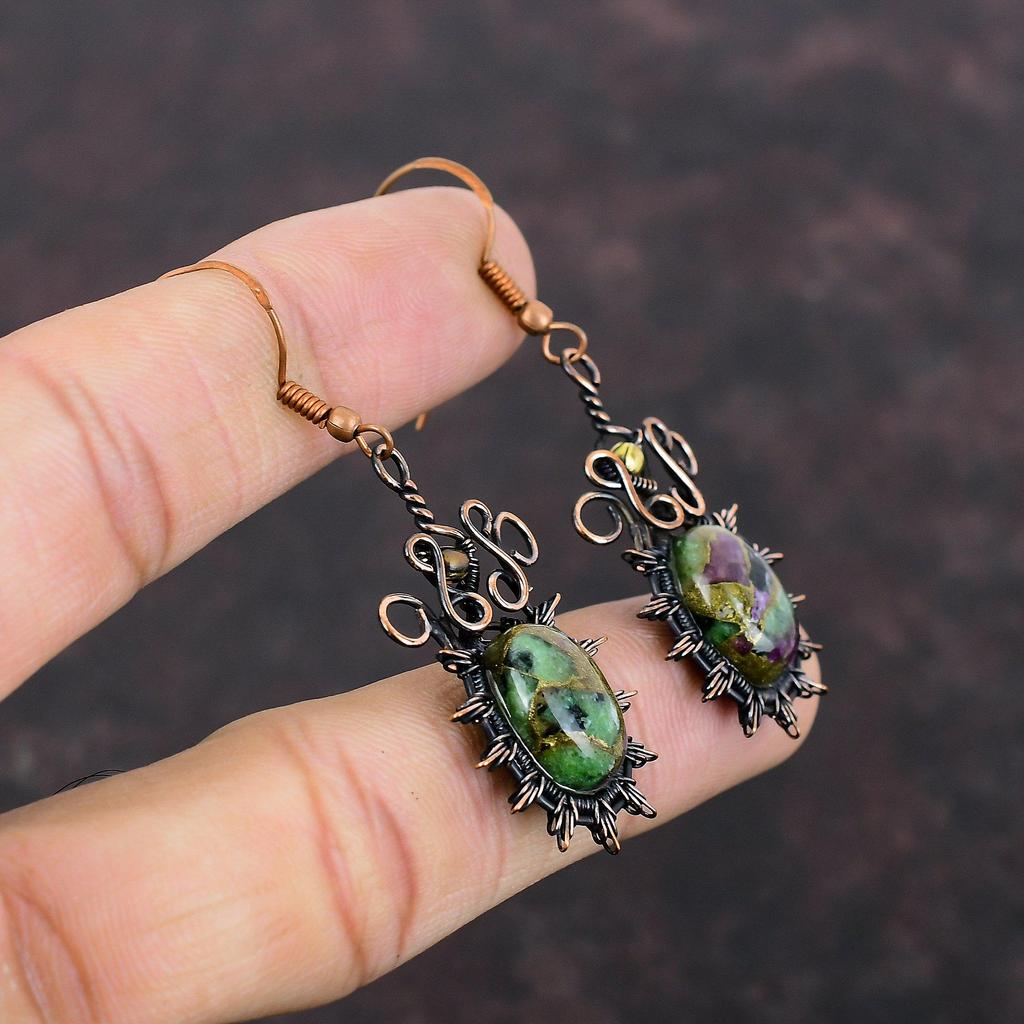 Copper Ruby Zoisite Earring Copper Wire Wrapped Earrings Designer Earring Original Gemstone Jewelry Handmade Earring Copper Jewelry For Gift