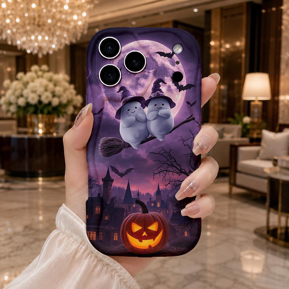 Halloween Cute Ghost Witch Broom Wavy Edge Phone Case For iPhone 16 15 14 Pro Max 13 12 11 Mini XR XS SE 2020 17 Air Cover