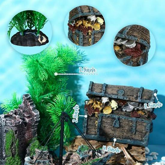 Reptile & Aquatic Decor Set: Resin Ship & Castle Ornaments with Simulated Plants