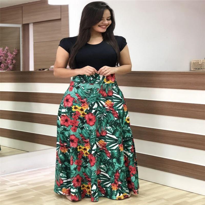 Flower Print Color Matching Short-sleeved Plus Size Dress Women